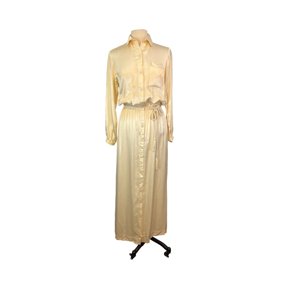Oggee Lillie Rubin Vintage 70s White Satin Maxi Dress w/ Rope Belt 36 Bust